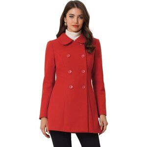 Women's Red Peter Pan Collar Double Breasted Winter Long Trench Pea Coat